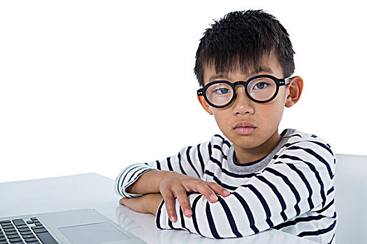 男孩,坐,笔记本电脑,白色背景,头像