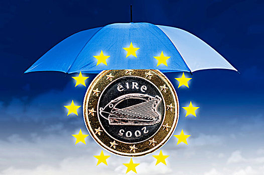 爱尔兰,一个,欧元,硬币,伞,星,欧洲,联合,象征,图像,欧盟,救助,包装