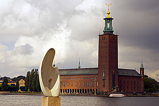瑞典,斯德哥尔摩,市政厅,运河,雕塑,前景