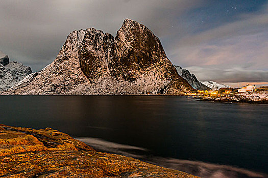 峡湾,山,渔村,罗浮敦群岛,挪威,欧洲