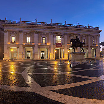 首都,广场,骑马雕像,坎皮多利奥,卡比托山,博物馆,背影,黃昏,新宫,罗马,拉齐奥,意大利,欧洲