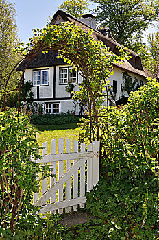 半木结构,房子,后面,花园,大门,河,地区,石荷州,德国,欧洲