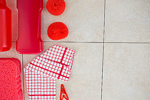俯视,红色,清洁产品,餐巾,地砖