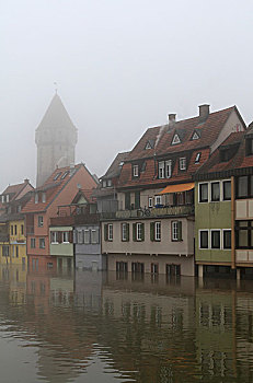 雾,建筑,堤岸,罗滕堡,河,风景,桥,班霍夫大街,街道,方向,湾流,巴登符腾堡,德国,欧洲