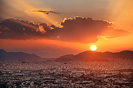 雅典,天际线,日落,山