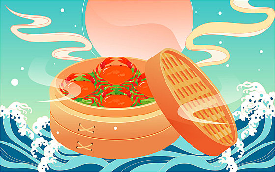 傳統(tǒng)節(jié)日中秋節(jié)美食插畫大閘蟹聚餐團(tuán)圓海報(bào)