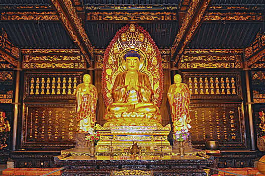 金色,雕塑,佛,两个,僧侣,庙宇,西安,中国