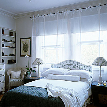 自然,照亮,卧室,双人床,正面,窗,亮光,帘