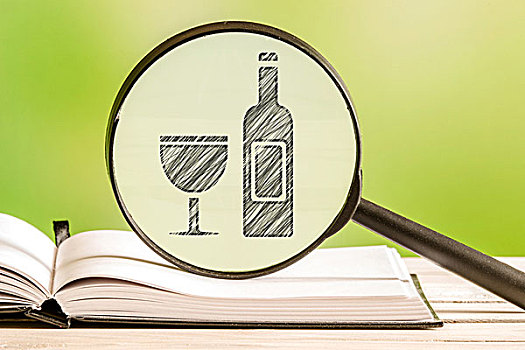 葡萄酒,信息,铅笔画,葡萄酒瓶,玻璃杯,象征,放大镜