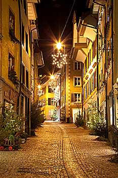 小巷,圣诞装饰,老城,地区,高,莱茵河,区域,黑森林,巴登符腾堡,德国,欧洲