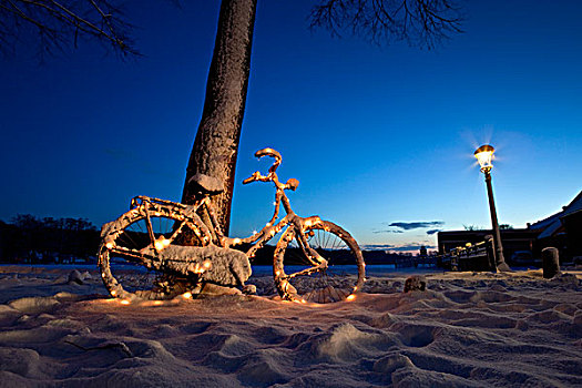 荷兰,自行车,装饰,圣诞灯光,雪中,黎明