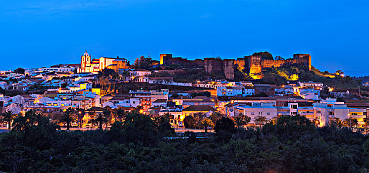 城堡,大教堂,城镇,夜晚,阿尔加维,葡萄牙