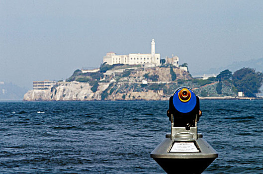 特写,投币望远镜,靠近,海洋,恶魔岛,旧金山,加利福尼亚,美国