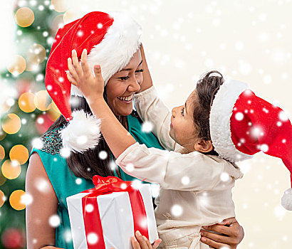 圣诞节,休假,家庭,人,概念,高兴,母子,女孩,礼盒,在家
