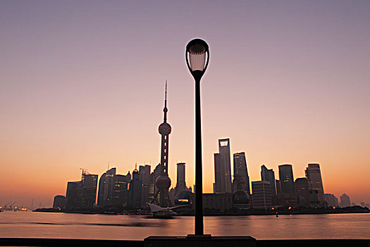 上海,天际线,日出,灯,前景