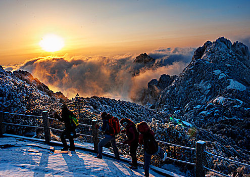 黄山,雪景,光明顶,日出,阳光,雾