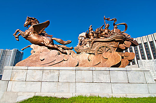 骑马,雕塑,正面,宫殿,平壤,朝鲜,亚洲