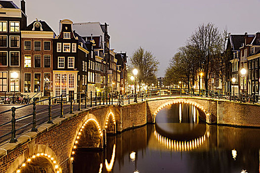 桥,黃昏,运河,阿姆斯特丹,荷兰