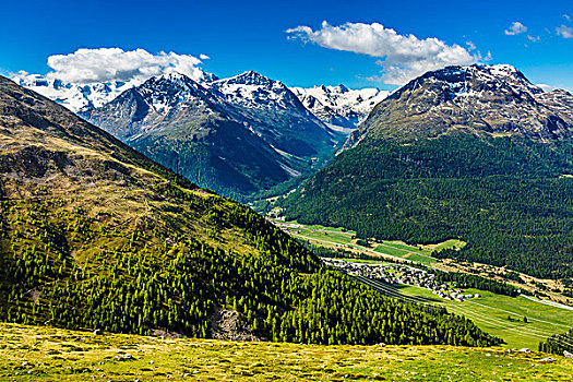 风景,远眺,山村,恩加丁,山谷,靠近,圣莫里茨,瑞士