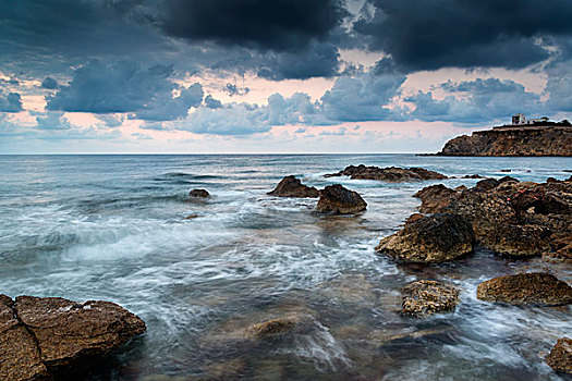 黎明,日出,风景,上方,漂亮,岩石,海岸线,地中海