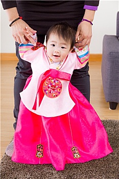 传统,朝鲜服装,婴儿,学习,走