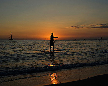 剪影,男人,站立,船桨,冲浪板,日落