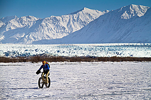 男人,脂肪,轮胎,山地车,冰河,楚加奇山,阿拉斯加,冬天