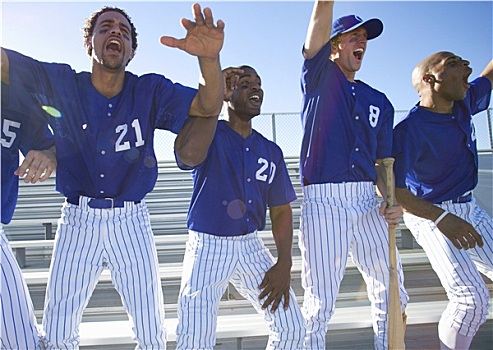 兴奋,棒球队,跳跃,向上,长椅,站立,竞争,棒球赛,欢呼,正面,逆光