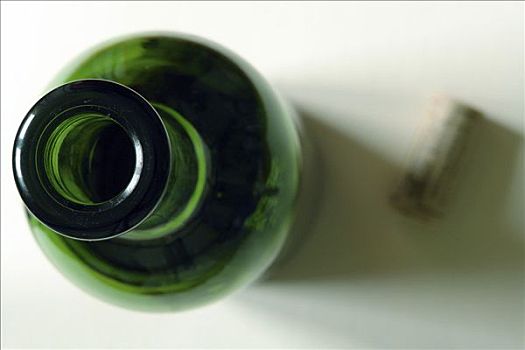 绿色,打开,葡萄酒瓶,软木塞,俯视