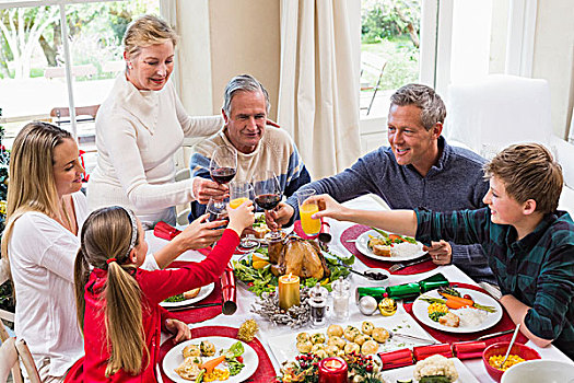 家庭,祝酒,红酒,圣诞晚餐