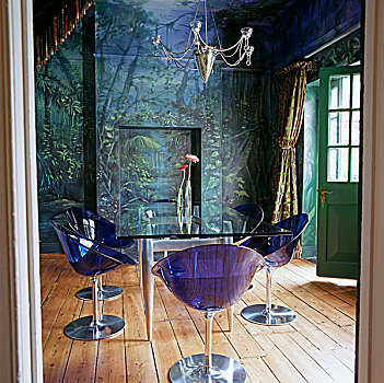 透明,就餐,蓝色,壳,椅子,玻璃桌,魔法,气氛