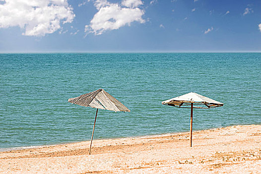 两个,伞,海滩,夏天