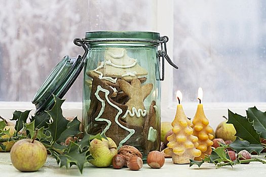 杏仁姜饼,德国,圣诞节,酥皮糕点,饼干,罐头瓶,蜡烛,苹果,坚果