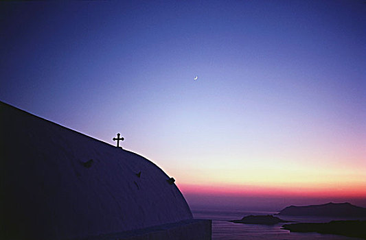 教堂,日落,锡拉岛,希腊