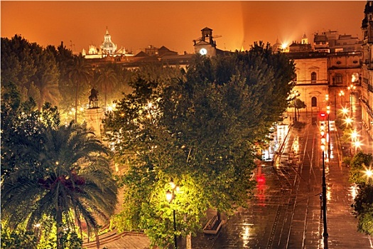 广场,雕塑,下雨,夜晚,教堂,萨尔瓦多,塞维利亚,西班牙