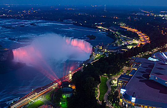 尼亚加拉瀑布,纽约,加拿大,马蹄铁瀑布,夜晚,彩色,俯视,餐馆