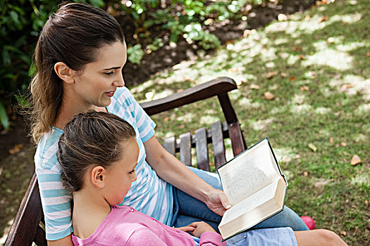 倾斜,母亲,读,小说,女儿,木制长椅,花园