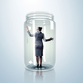 职业女性,受困,室内,透明,玻璃,罐