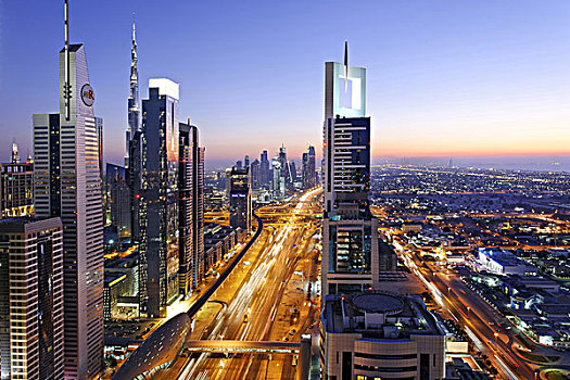 市区,迪拜,全景,天际线,傍晚,波斯湾,交通,城市,道路,阿联酋