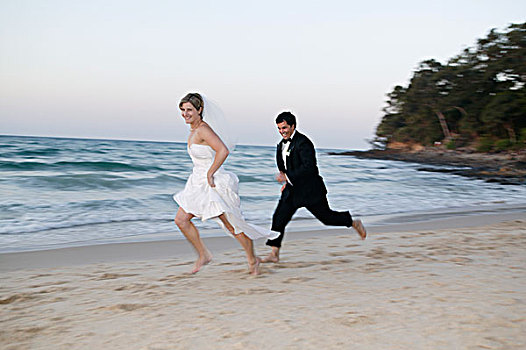 新郎,新娘,跑,海滩,努沙,澳大利亚