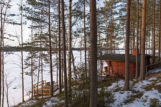 芬兰,区域,木屋,岸边,冬天