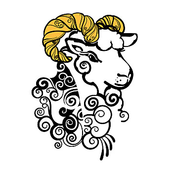 公羊,头部,黑色,金色,犄角,墨水,绘画