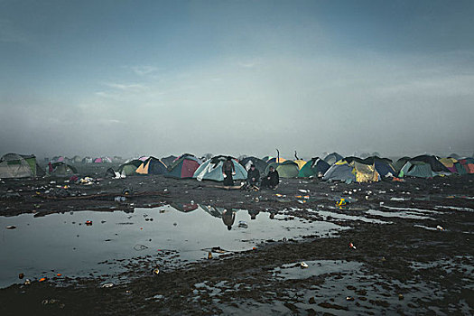 帐篷,早晨,重,雨,难民,露营,边界,马其顿,希腊,欧洲
