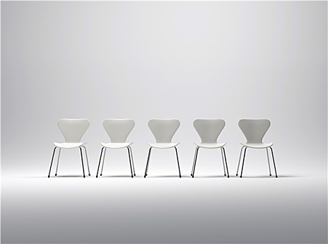 排,五个,白色,塑料制品,金属,椅子,中色背景
