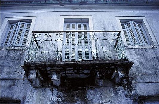 露台,房子,正面,窗户,百叶窗,老,科夫岛,希腊,欧洲