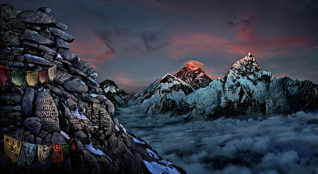珠穆朗玛峰,日落,祈祷,墙壁,攀升,右边