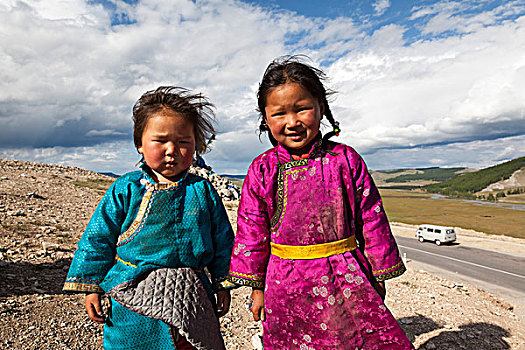 两个女孩,蒙古,亚洲