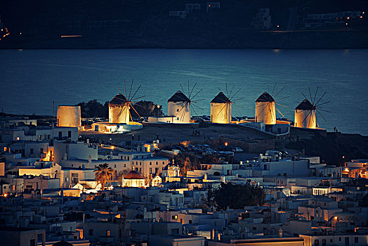 风车,湾,著名地标,夜晚,米克诺斯岛,希腊