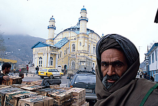 头像,老人,户外,清真寺,居民区,喀布尔,首都,阿富汗