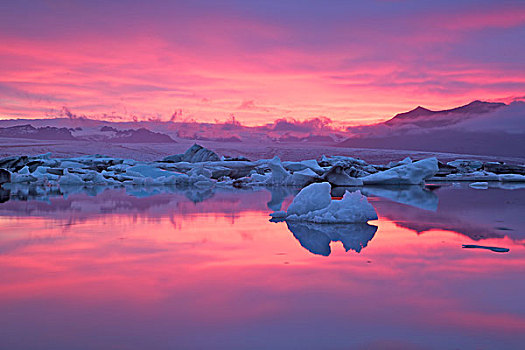 冰岛,日落,上方,杰古沙龙湖,冰河,泻湖